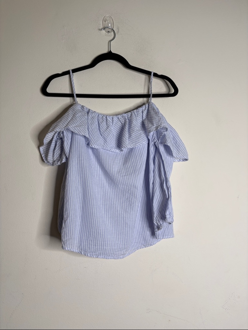 Sweet Wanderer Blue Pinstripe Ruffle Off-Shoulder Camisole